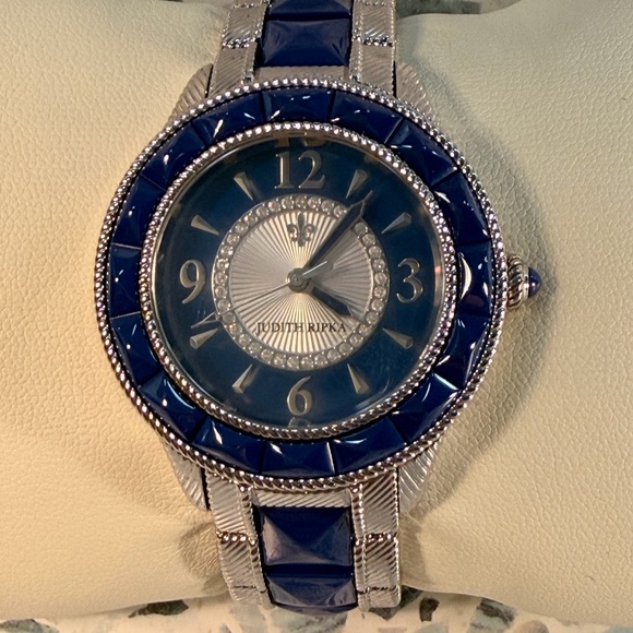 Judith Ripka Accessories - Judith Ripka Blue Enamel Watch Silver Tone CZ Crystal JR Logo Link Bracelet